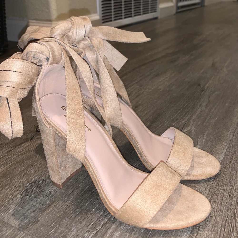Beige Suede Heels with Ankle Bows